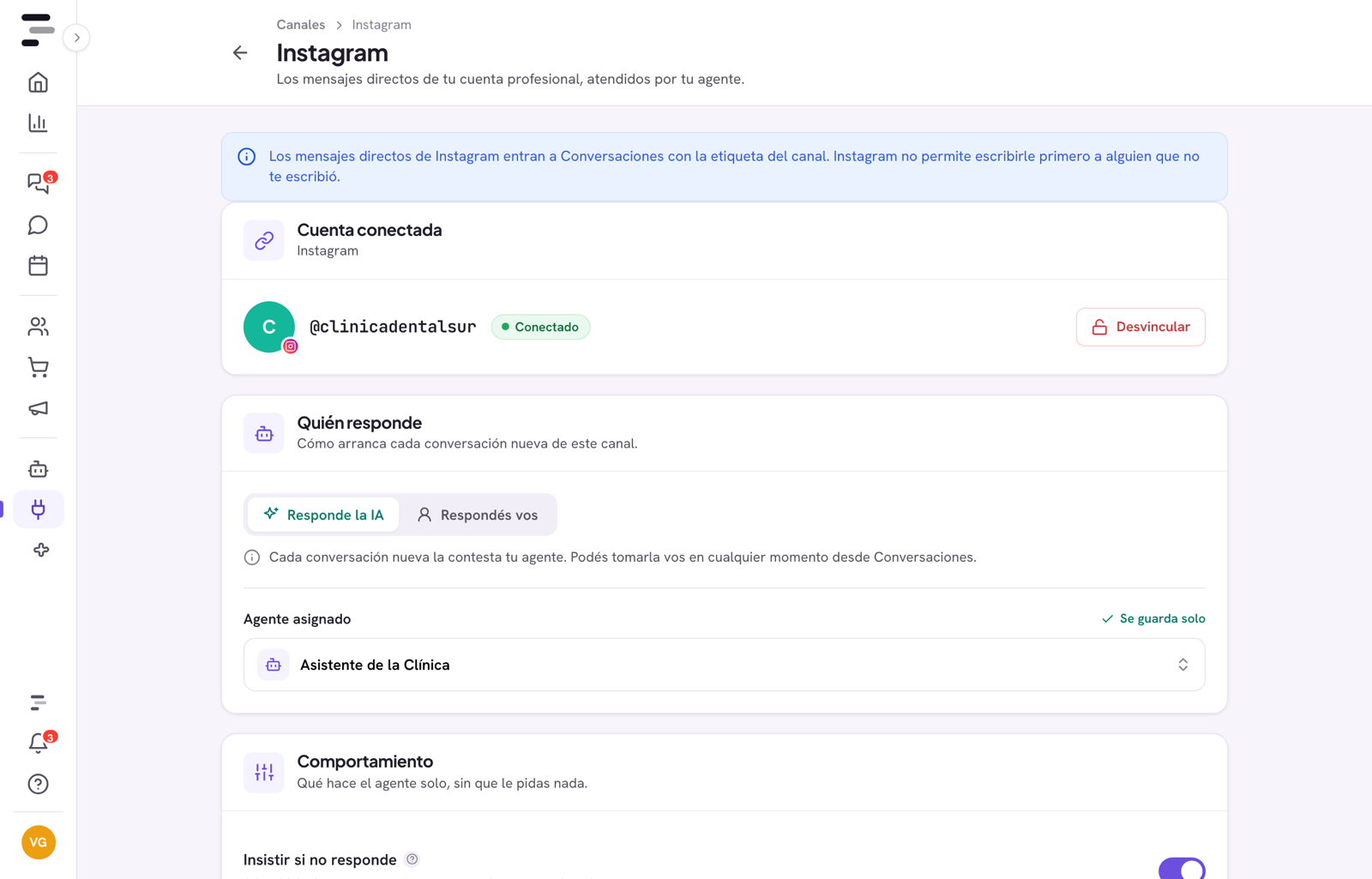 Pantalla Instagram de Polaris ya conectada: cuenta @ en estado Conectado, Quién responde y Agente asignado