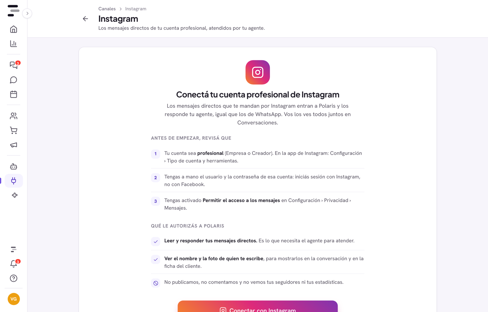 Pantalla Instagram de Polaris: Conectá tu cuenta profesional de Instagram, con los requisitos, los permisos y el botón Conectar con Instagram