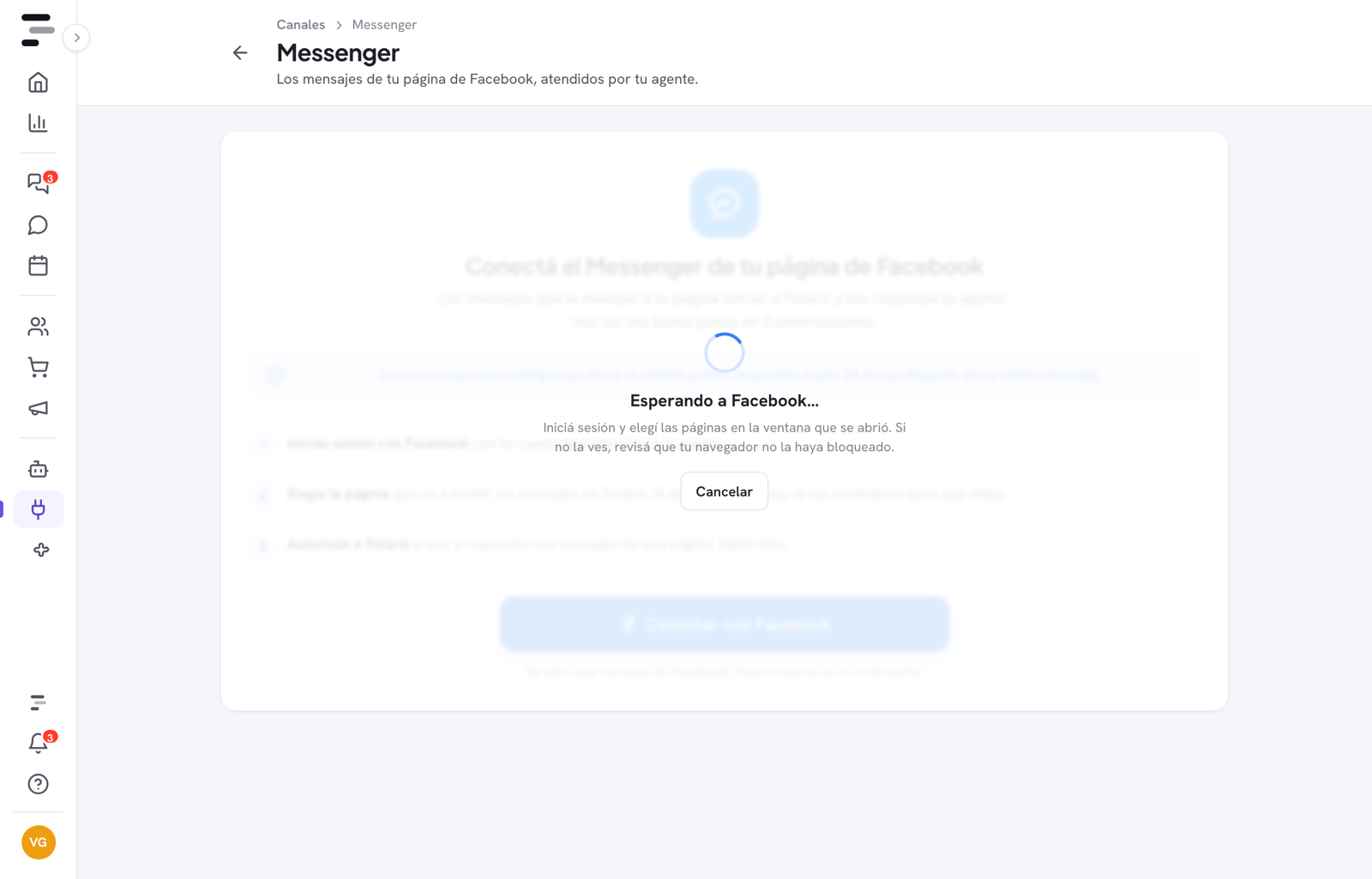 Pantalla Messenger de Polaris mientras espera: Esperando a Facebook, con el botón Cancelar