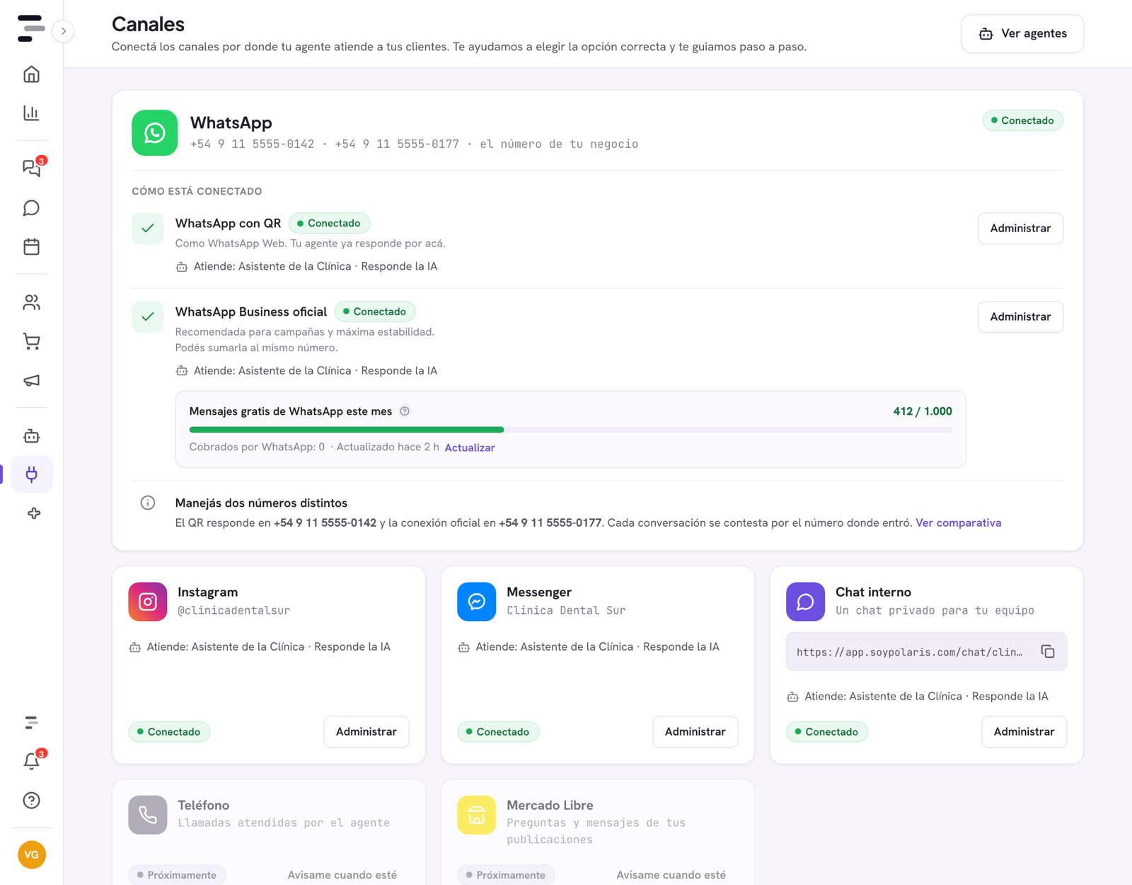 Pantalla Canales de Polaris con la tarjeta Messenger conectada, el nombre de la página y la línea Atiende con el agente asignado