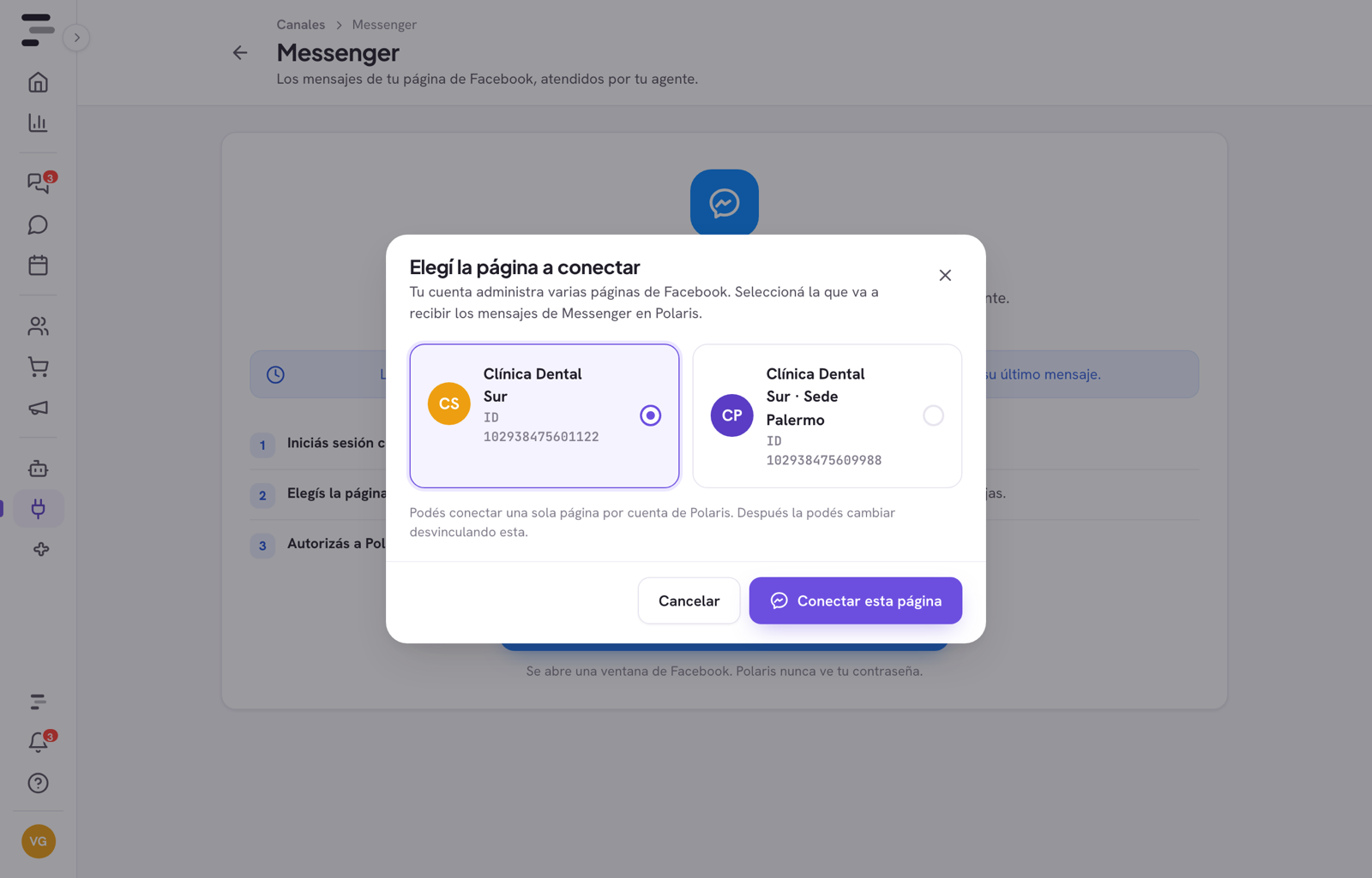 Ventana Elegí la página a conectar de Polaris: dos páginas de Facebook para elegir y el botón Conectar esta página