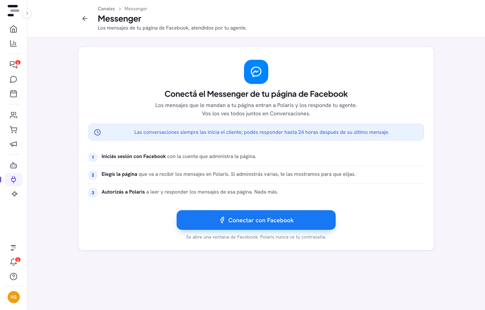 Pantalla Messenger de Polaris: Conectá el Messenger de tu página de Facebook, con los tres pasos y el botón Conectar con Facebook